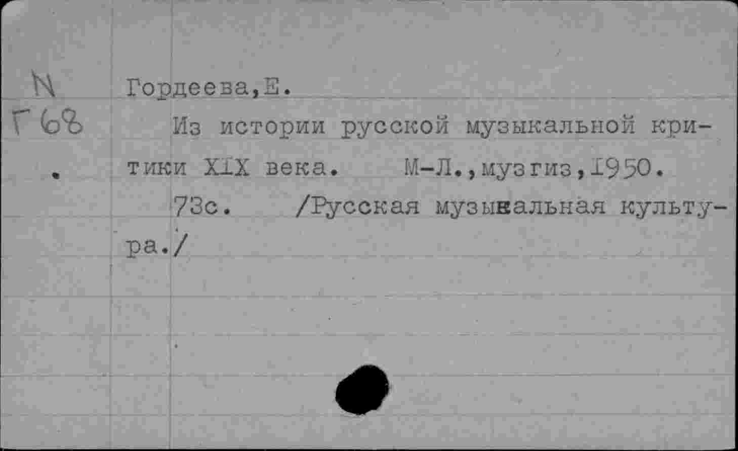 ﻿Гордеева,Е.
Из истории русской музыкальной критики XIX века. М-Л.,музгиз,1950.
73с. /Русская музыкальная культура./